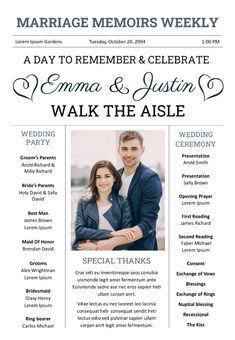 a wedding program for the couple is shown on this page, with an image of them