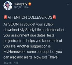 the tweet has been posted to someone about their college kids's work