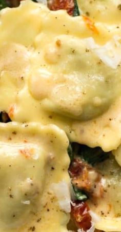 a close up view of some food with cheese and spinach on the side,