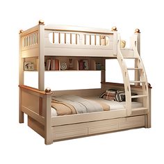 a white bunk bed with two stairs and a book shelf on top of the bed