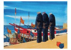 three black figures are standing in front of a boat on the beach with flags flying from it