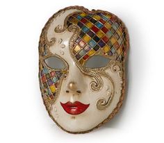 "Size: one size Traditional and original papier-mache Venetian mask, handmade and decorated with trimmings, stucco and acrylics. This traditional Venetian mask shape is called \"Volto mask\" and is a full face mask. This mask remembers Harlequin for the style of the decoration and its coloros. All our masks are handmade papier-machè masks, made in Venice. Our decorators use techniques typical of the Venetian tradition such as stucco, acrylics, gold and silver-leaf, macramè, passementerie, pearls Volto Mask, Diy Masquerade, Harlequin Mask, Art Masks, Venice Mask, Ceramic Mask, Theatre Masks, Mask Shapes, Harlequin Pattern