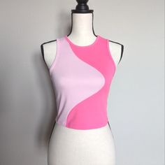 Light And Bright Pink Abstract Color Block Cropped Ribbed Tank Top Size M Has Great Stretch 95% Polyester 5% Spandex 15.5" Pit To Pit | 16" Long High Stretch Pink Crop Top For Summer, Color Block Stretch Athleisure Top, Stretch Athleisure Tops With Color Block, Athleisure Stretch Color Block Top, Summer Fitted Color Block Crop Top, Fitted Color Block Crop Top For Summer, Summer Stretch Color Block Crop Top, Pink Fitted Crop Top Tank, Color Block Stretch Crop Top For Summer