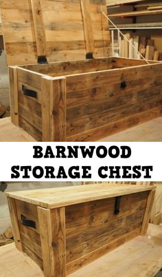 two wooden storage chests with the words barnwood storage chest on top and bottom