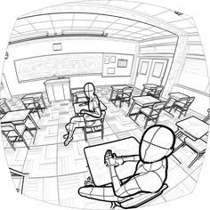 a black and white drawing of a person sitting in a room