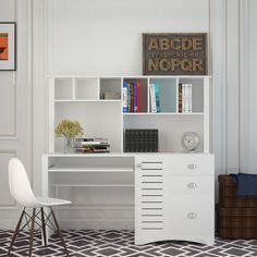 a white desk and chair in a room with bookshelves on the wall behind it