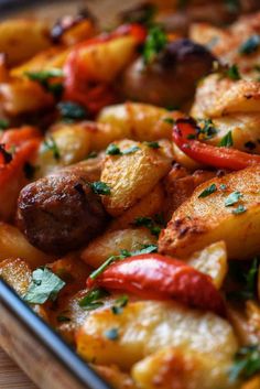 a close up of a tray of food with meat and vegetables on it's side