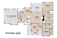 the first floor plan for a home with two car garages and an attached living area