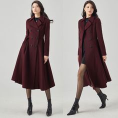 ★★ Welcome to my Ylistyle's shop！！！ This burgundy long wool coat, features a waist-cinching design to perfectly show off your figure.  Wear it in autumn and winter to keep you warm and comfortable. Made of high-quality fabric, giving you a good touch and very comfortable to wear. ★★FEATURES 50% wool, 50% fiber nylon polyester Polyester lining Two Side pockets Buttons closure Long wool coat Fit and flare coat Vintage wool coat Princess coat Oevrcoat For autumn & winter Dry clean More color        https://rb.gy/5h4pol ★★ The model's height approx 170 cm (5′ 7″) with the 84 cm (33") bust, 66 cm (26") waist. She is wearing the wool coat in size XS (US2) ★★ Please select custom order according to the follow situation Can't find your size Your height is over 175cm Your weight is over 75kg Reques Elegant Burgundy Outerwear With Button Closure, Formal Burgundy Outerwear With Buttons, Burgundy Outerwear For Business In Fall, Burgundy Business Outerwear For Fall, Burgundy Long Sleeve Business Outerwear, Purple Winter Outerwear For Office, Burgundy Winter Outerwear For Office, Burgundy Long-sleeved Outerwear For Office, Purple Winter Business Outerwear