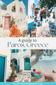 the cover of a travel guide to paros, greece with pictures of people sitting at tables and chairs