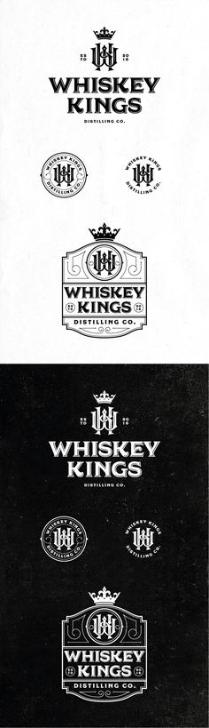 four different types of logos on black and white paper with the words whiskey king written below them