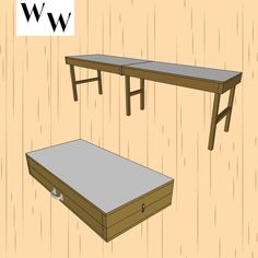 a table and bench are shown with the word ww above it in front of them