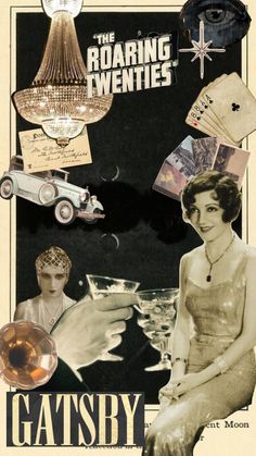 an advertisement for roaring twenties featuring a woman holding a martini glass in front of a car