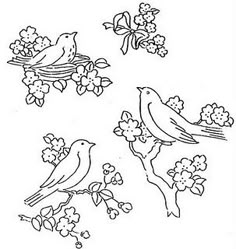 three birds sitting on branches with flowers in the foreground and one bird flying over it