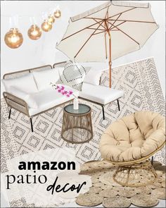 an image of patio decor with umbrellas and chairs in the background, along with text overlay that reads amazon patio decor