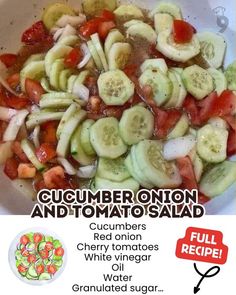 an advertisement for cucumber onion and tomato salad with information about the ingredients in it