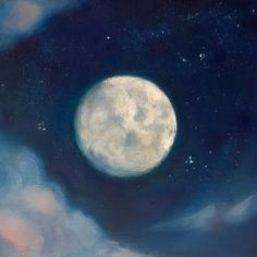 an oil painting of a full moon in the night sky with clouds and blue skies