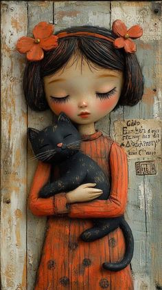 a painting of a girl holding a black cat on top of a wooden board wall