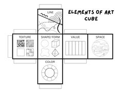 the elements of art cube are shown in black and white, with text below it