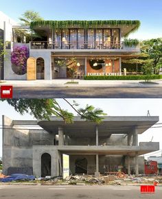 before and after photos of an apartment building with plants growing on the roof, then at the top