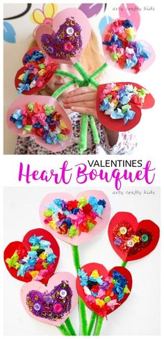 valentine's day bouquet made out of paper hearts with flowers in the middle and text overlay