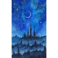 a watercolor painting of a castle in the night sky