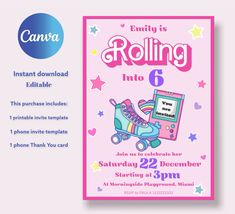 a birthday party flyer with roller skates and stars on the back, in pink