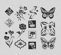 various flowers and butterflies are shown in black and white