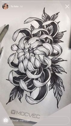 a black and white drawing of a bunch of flowers with leaves on it's side