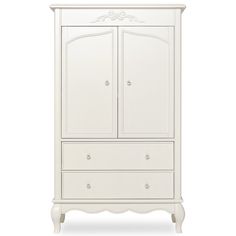 a white armoire with two drawers and an ornate design on the front, against a white background