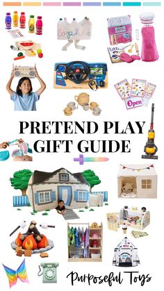 the pretend play gift guide is shown with toys and other things to make it fun