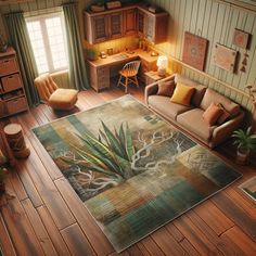 a living room filled with furniture and decor on top of hard wood flooring next to a window