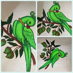 three pictures of green parrots sitting on a tree branch with leaves and fruit around them