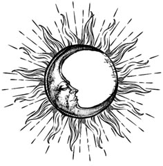 the sun and moon are drawn in black ink on a white background, vintage line drawing or engraving style