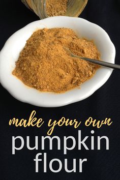 a white bowl filled with pumpkin flavored flour