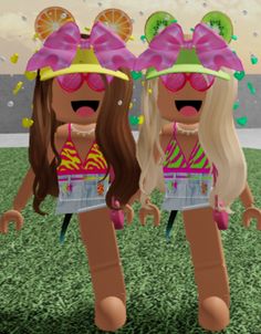 two cartoon girls wearing sunglasses and headbands standing in the grass with fruit on their heads