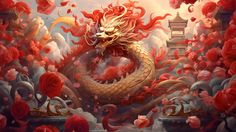 a painting of a dragon surrounded by red flowers and other things in the air,