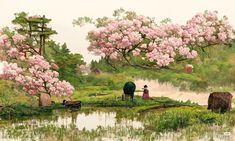 an oil painting of people and animals by a pond with pink flowers in the trees