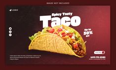 a taco advertisement on a red and black background