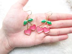 A pair of cute pink cherry earrings ♡ Each charm is 3.3cm Comes with rubber earring backs Indie Girls, Indie Jewelry, Earrings Aesthetic, Cherry Earrings, Fruit Earrings, Funky Earrings, Retro Earring, Heart Dangle Earrings, Dangly Earrings