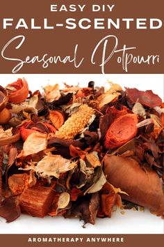 an image of fall - scented seasonal potpour with text overlay that reads easy diy fall - scented seasonal potpour