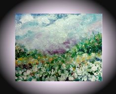 an abstract painting with white flowers in the foreground and blue sky in the background