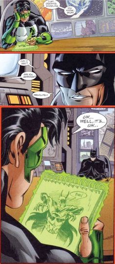 the green lantern in batman's comic book, and an image of his face being drawn