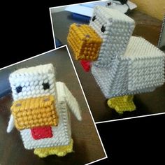 two pictures of an object made out of legos, one with a duck on it's head