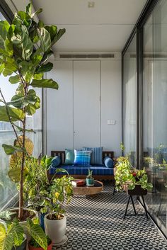 a living room filled with furniture and lots of plants on top of a black and white checkered floor