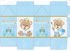 three blue boxes with teddy bears on them