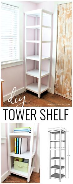 the diy tower shelf is made from an old bookcase and has been painted white