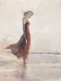 a watercolor painting of a woman in a red dress standing on the beach with her back to the camera