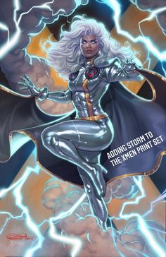 an image of a woman in silver with lightning behind her and the caption, adding storm to the main point set