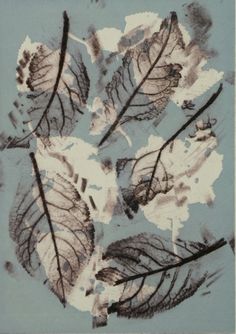 an image of some leaves on a blue and white background with watercolors in it